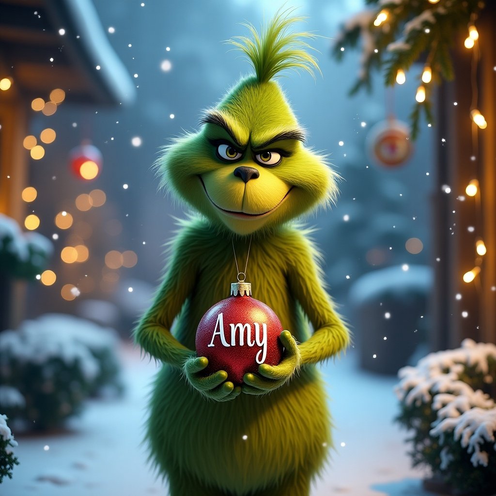 Grinch character holds a Christmas bauble. The background is snowy and decorated with lights.