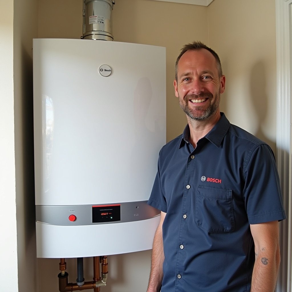 A homeowner stands beside a newly installed Worcester Bosch boiler. The setting is a home in the UK. The homeowner appears satisfied with the boiler installation. The room is well-lit with natural light.