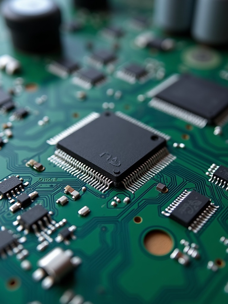 Close-up view of an electronic circuit board with microchips and components. The image shows intricate details of the circuit and highlights the microchip.