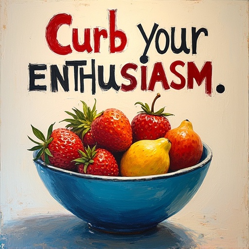 Acrylic painting featuring a bowl filled with fruit. The background displays the bold typography of the phrase Curb Your Enthusiasm in striking colors.