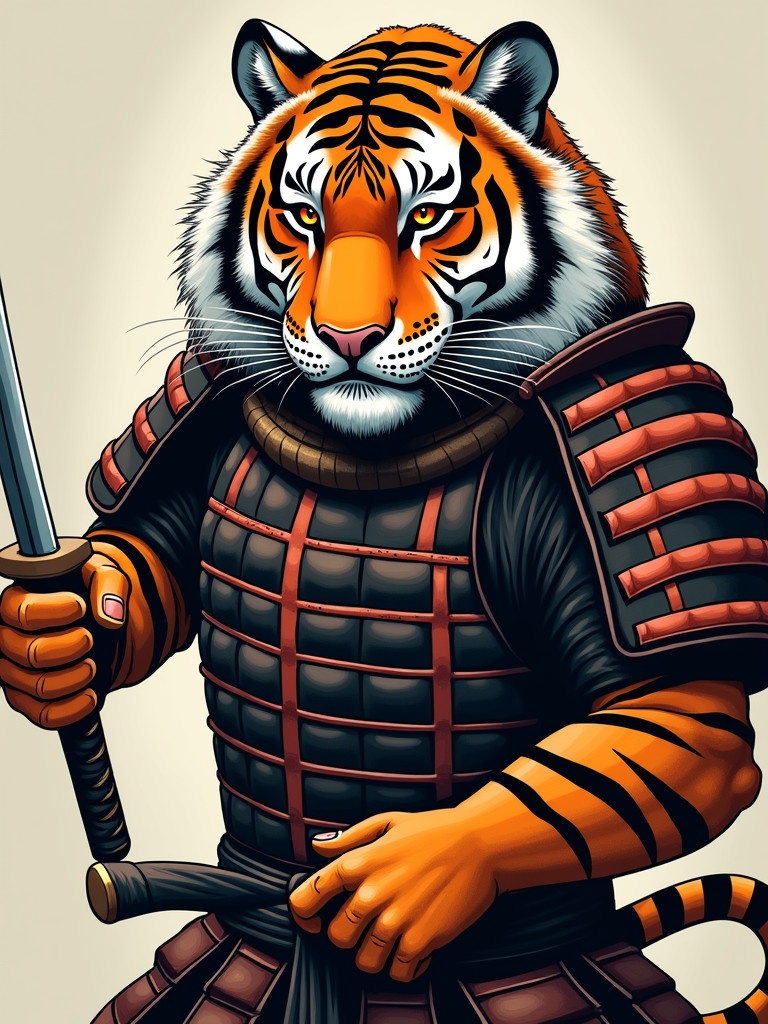 Artistic depiction of a humanoid tiger wearing samurai armor. Tiger holds a traditional Japanese sword. Intense gaze and strong posture. Intricate armor with orange and black stripes. Striking visual appearance with bold colors.