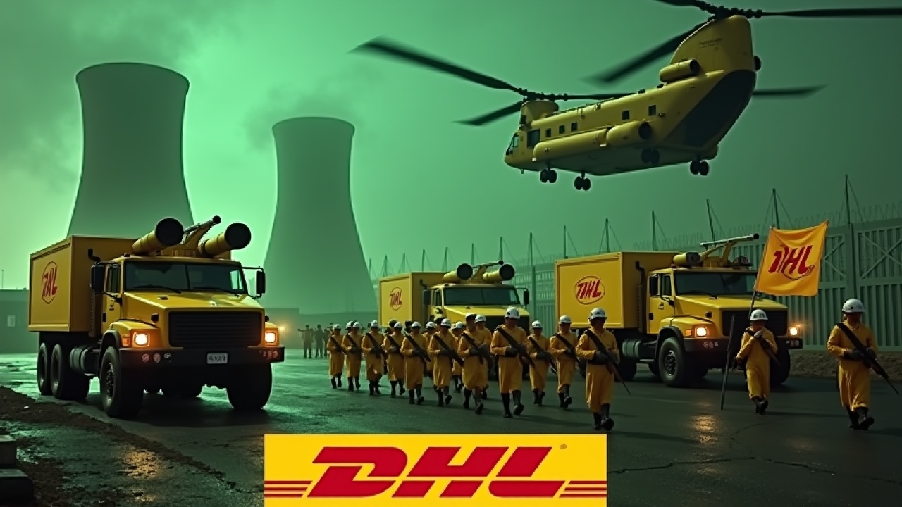 In a dramatic and intense scene, several large yellow armored trucks with double barrel roof-mounted cannons drive towards a fence, prominently featuring the DHL logo. Nearby, soldiers in bright yellow uniforms march together, holding rifles and a flag with the DHL logo. The backdrop showcases the smokestacks of a nuclear power plant, illuminated by a sinister green glow. Above, a yellow Chinook CH-47 helicopter flies, further amplifying the tension. The scene is enveloped in a greenish hue, enhancing its dramatic effect. At the bottom, the DHL logo stands out boldly in yellow. 