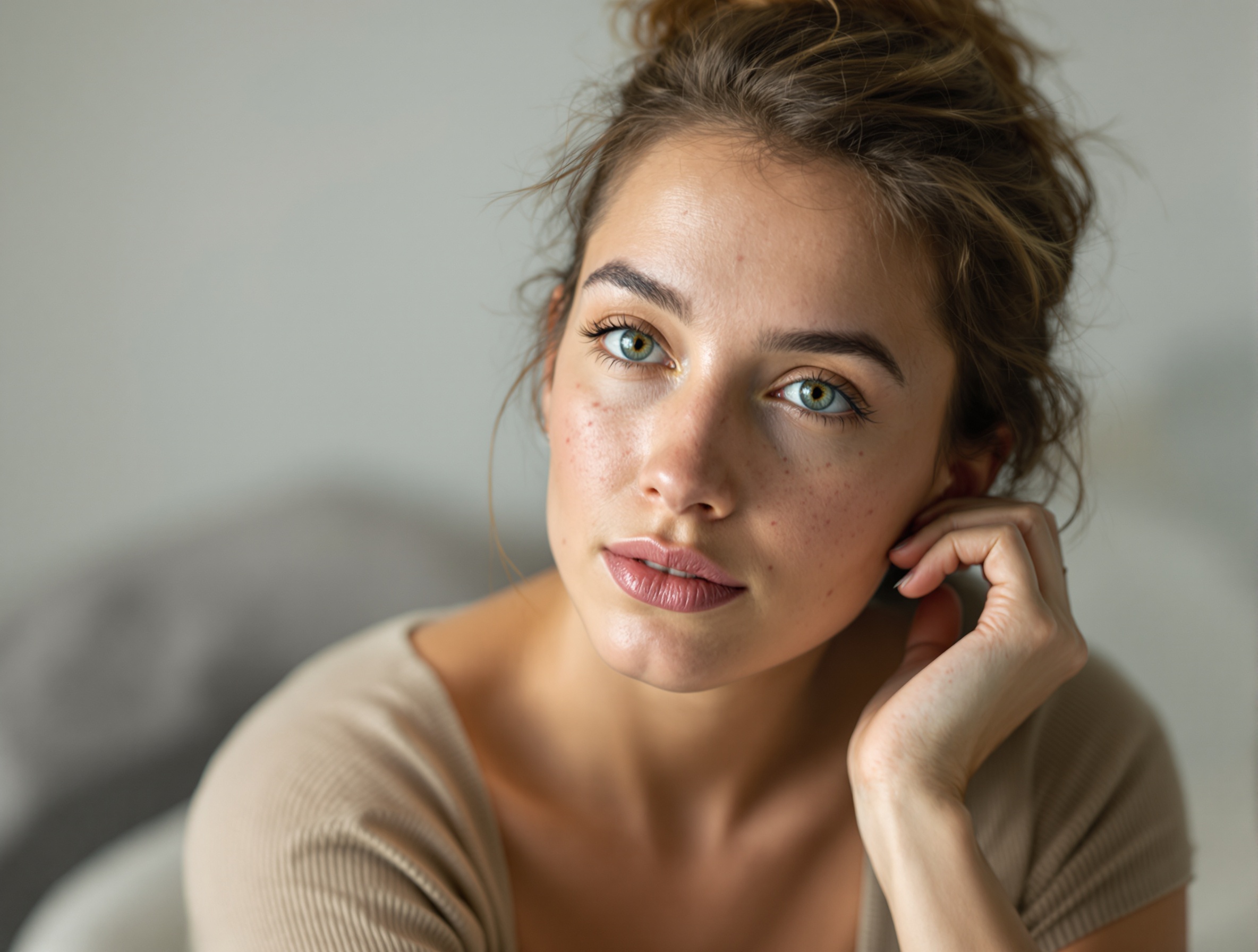 Studio portrait captures woman with relaxed pose. She has freckles and light acne on skin. Gentle lighting highlights natural features. Soft background adds to serene atmosphere.