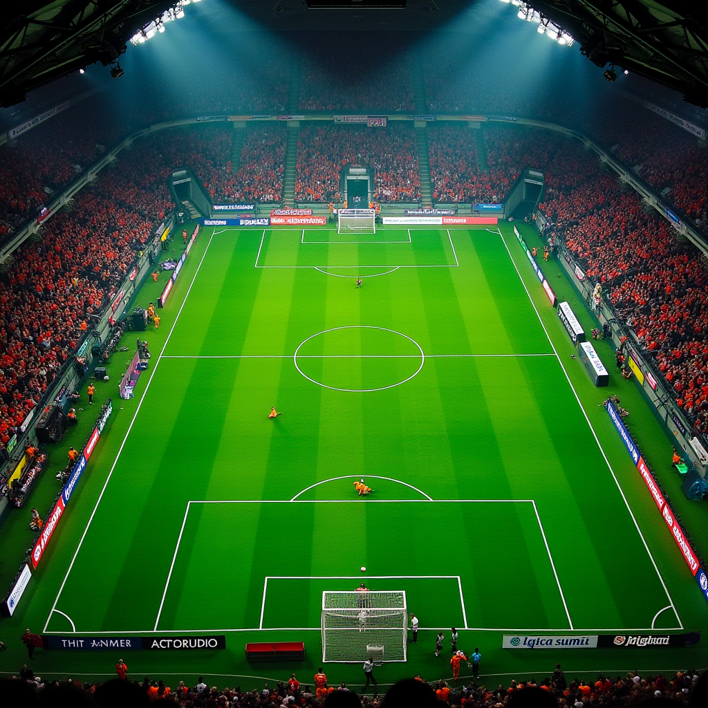 Aerial view of a vibrant football stadium filled with cheering fans, where a match is underway on a perfectly striped green pitch under bright stadium lights.