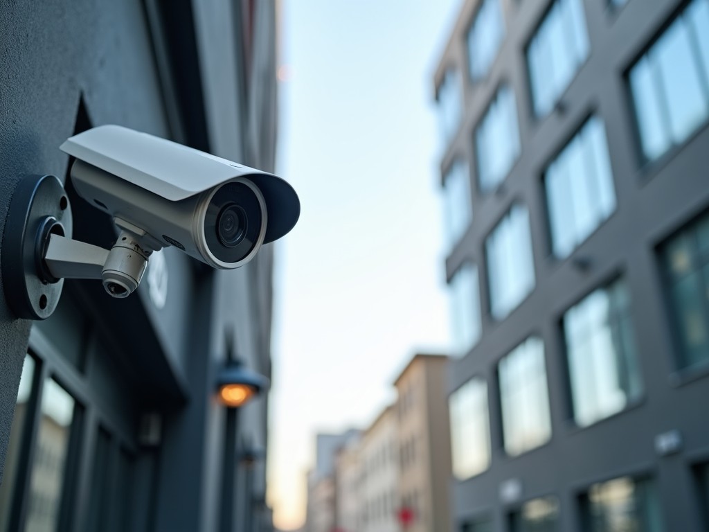 This image showcases a security camera mounted on the side of a building, designed for monitoring and surveillance. The camera is prominently positioned, demonstrating the importance of security in urban environments. In the background, modern buildings with large windows convey a sense of contemporary architecture. The setting sun casts a soft glow, creating a calming effect despite the subject matter. This scene emphasizes the intersection of technology and safety in public spaces.