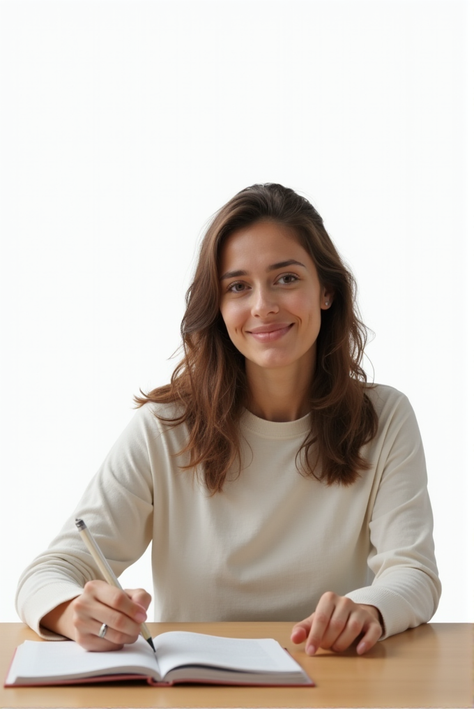 A person with long hair sits at a table, smiling softly while writing in a notebook.