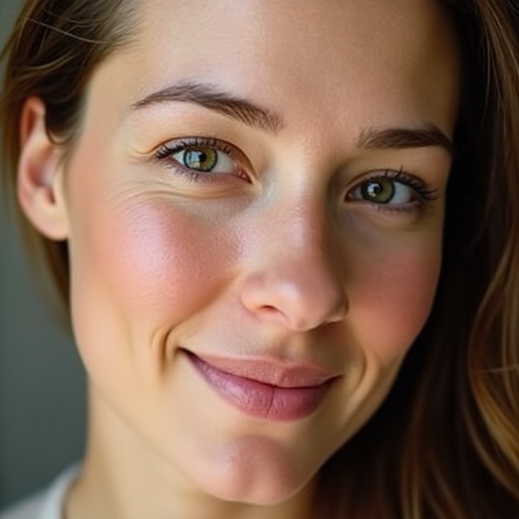 Close-up image of a woman's face. The woman has green eyes and brown hair. She smiles naturally, looking directly into the camera. Soft lighting highlights her skincare.