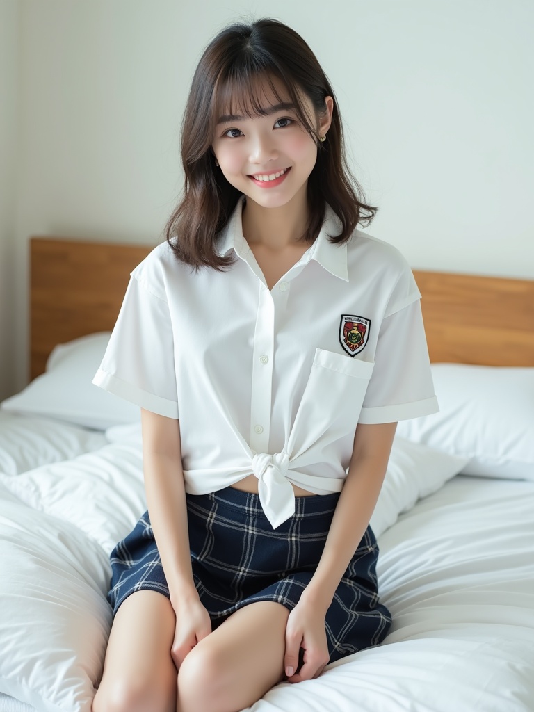 A young woman sits gracefully on a bed, donning a tied white shirt adorned with a small emblem on the pocket, paired with a dark plaid skirt. Her relaxed pose and gentle smile exude a sense of calm and warmth, set against the backdrop of a soft, neutral-toned room.