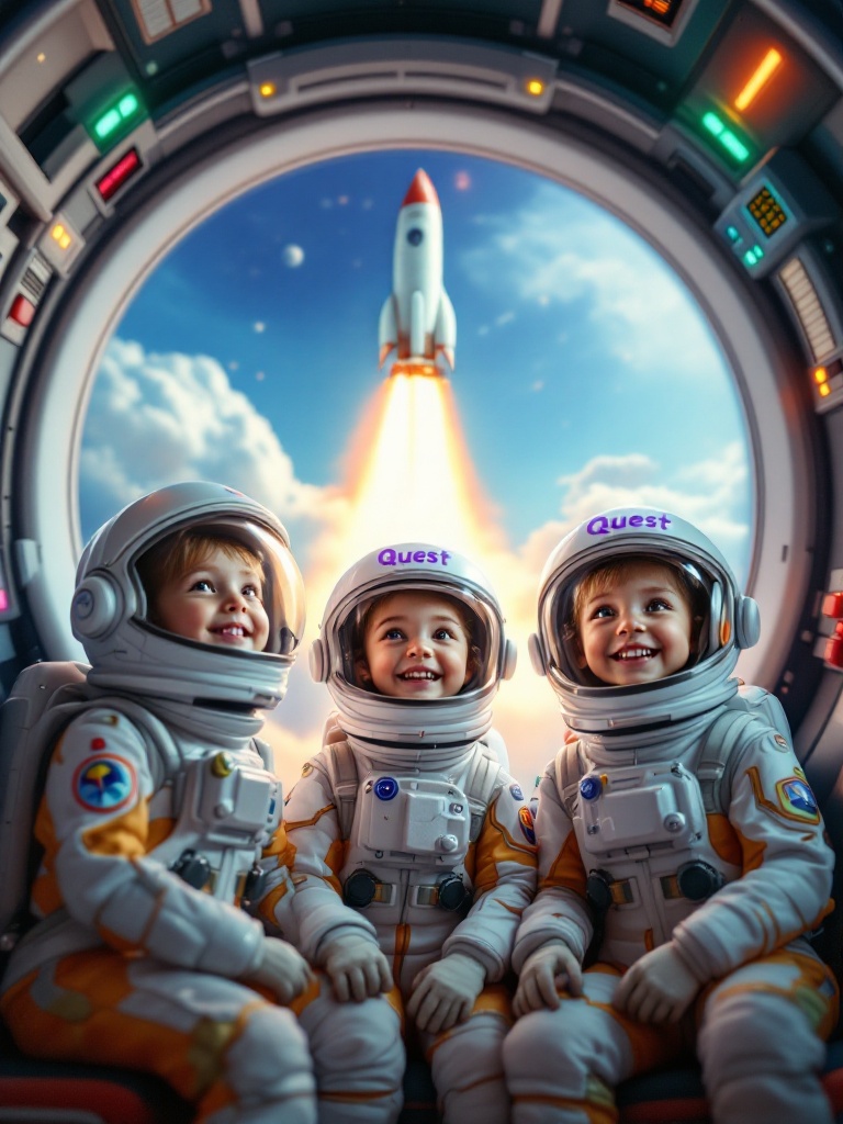 A heartwarming scene inside a retro-futuristic rocket during liftoff. Three four-year-old astronauts gaze out the cockpit window with wide eyes. They wear high-tech space suits with the word Quest in purple. The cockpit has colorful buttons and lights, creating an adventurous setting. The children's smiles reflect delight and dreams of exploration.