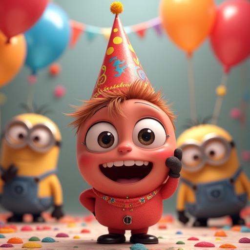 Colorful scene with a character celebrating a birthday surrounded by balloons and decorations. Minions peek from behind. The character has a big smile and wears a birthday hat. Party atmosphere with a joyful theme.