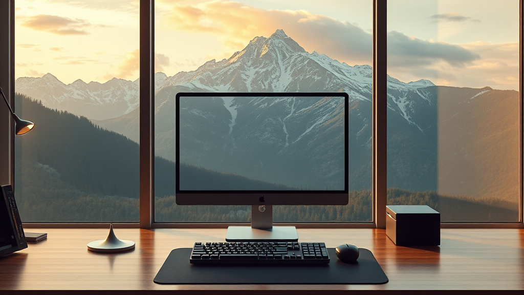 A computer setup on a wooden desk with a breathtaking mountain view at sunset through large windows.