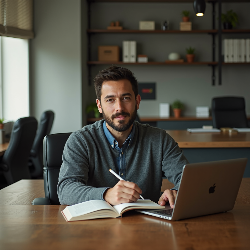 A man is sitting at a desk with a laptop and an open book, looking thoughtful and focused.