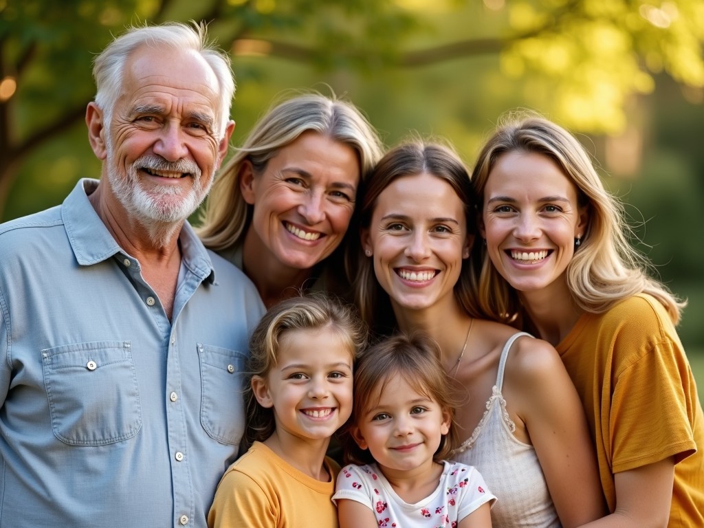 A joyful family portrait taken outdoors, showcasing a diverse group of six individuals. The scene highlights a grandfather and grandmother alongside their parents and three young children. All are closely positioned and smiling warmly at the camera, embodying happiness and familial love. The background features lush green trees and warm sunlight, creating a serene, natural atmosphere. Their genuine smiles evoke feelings of connection and joy, emphasizing the special bond among family members. This image beautifully captures the essence of togetherness in a vibrant and cheerful manner.