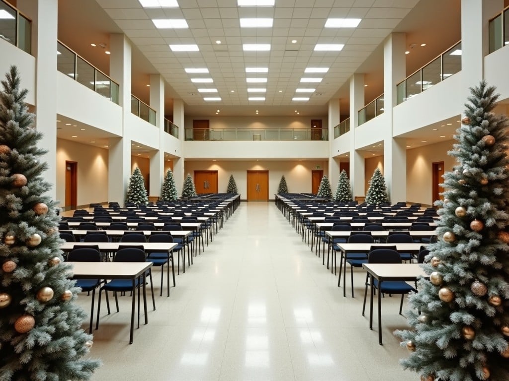 This image showcases a spacious event hall beautifully decorated for Christmas. The scene is neatly arranged with rows of tables set in anticipation of an event. Tall, decorated Christmas trees frame the sides of the hall, adding a festive touch. The bright overhead lighting enhances the inviting atmosphere. The space looks suitable for corporate gatherings, educational seminars, or festive celebrations. The clean lines and organized layout suggest a well-planned event setting.