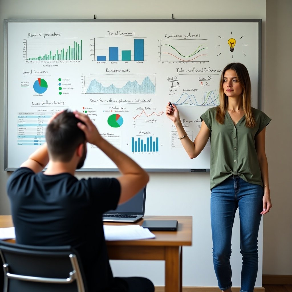 Scene in an office environment. Man in black T-shirt sitting at desk with laptop and papers appears overwhelmed. Woman in green cap sleeve top stands by whiteboard filled with colorful scientific elements. She is explaining something to him. Lightbulb icon above her head represents an idea. Collaborative work environment. All annotations in English.