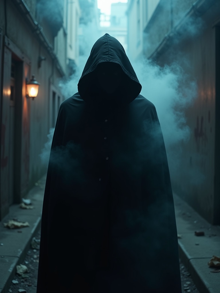 A shadowy figure in a dark cloak stands in a narrow urban alley. The atmosphere is filled with ominous smoke. The figure's face is obscured, creating an air of mystery. The lighting is dim with strong contrasts. The background shows signs of urban neglect, emphasizing a dangerous vibe.