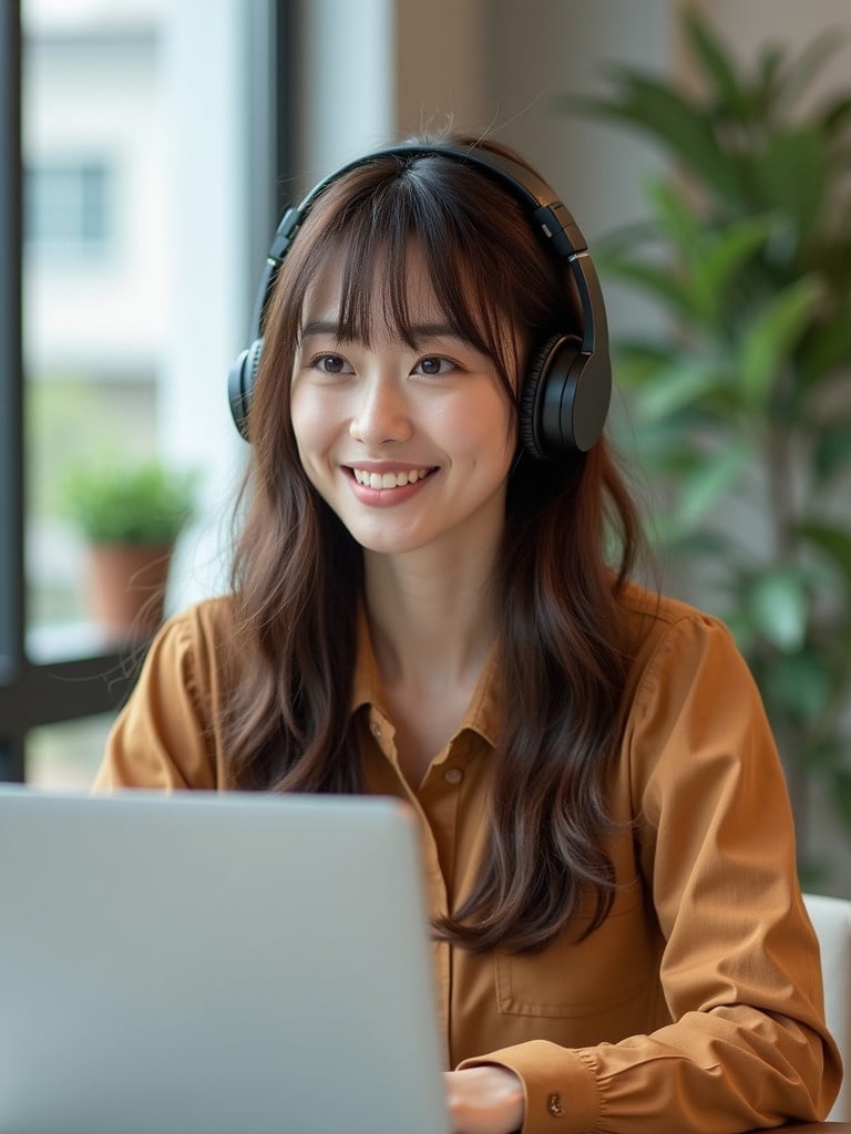 Woman sitting at a table using a laptop and wearing headphones. She has long brown hair. The laptop has Excel open. Scene inspired by modern Japanese art. Ideal for content creation.