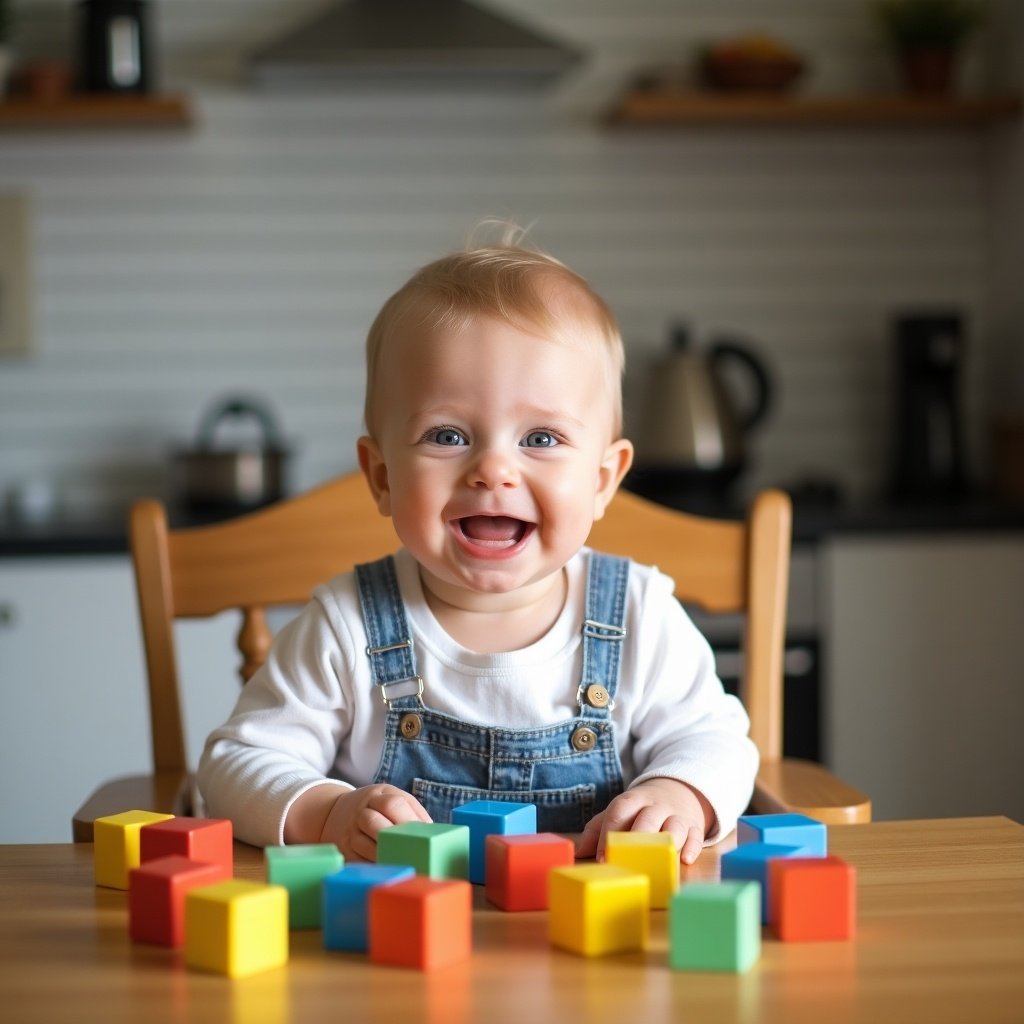 A baby seated in a wooden high chair with colorful blocks on a wooden table. The scene captures a warm and inviting kitchen setting with soft lighting.