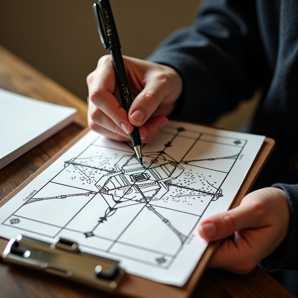 Close-up of a person's hands sketching a geometric pattern with a pen on paper attached to a clipboard.