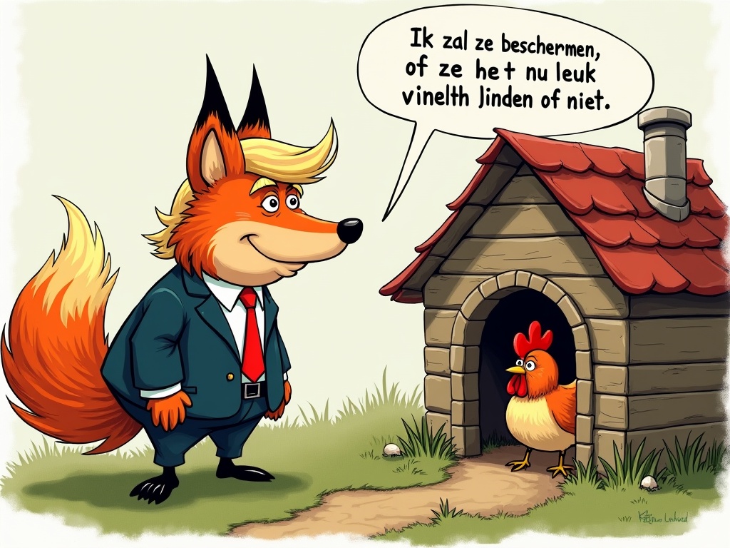 The image showcases a cartoon fox resembling Donald Trump standing in a business suit, confidently guarding a hen house. The fox has a playful expression and says, 'Ik zal ze beschermen, of ze het nu leuk vinden of niet.' In front of the fox, a chicken peeks out of the hen house, adding to the whimsical scenario. The bright colors and cartoon style enhance the humorous nature of the illustration. This scene plays on the classic idea of a fox in charge of protecting chickens, adding a political twist. Overall, the image evokes a sense of humor and satire related to political themes.