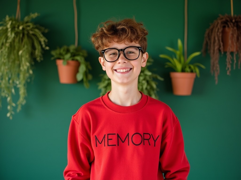 The image features a smiling young person standing confidently in front of a green wall adorned with plants. They are wearing a vibrant red sweatshirt with the word 'MEMORY' embossed on it. Their hairstyle is slightly tousled, adding a relaxed vibe to the appearance. They are also wearing glasses, enhancing their youthful look. The background is simple and clean, focusing attention on the individual. The overall mood of the image is cheerful and inviting.