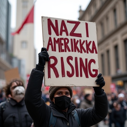 Protester stands in urban setting holding a sign. The sign reads promoting Nazi extremism. Crowd is gathered around. Observers show mixed expressions of concern and support.