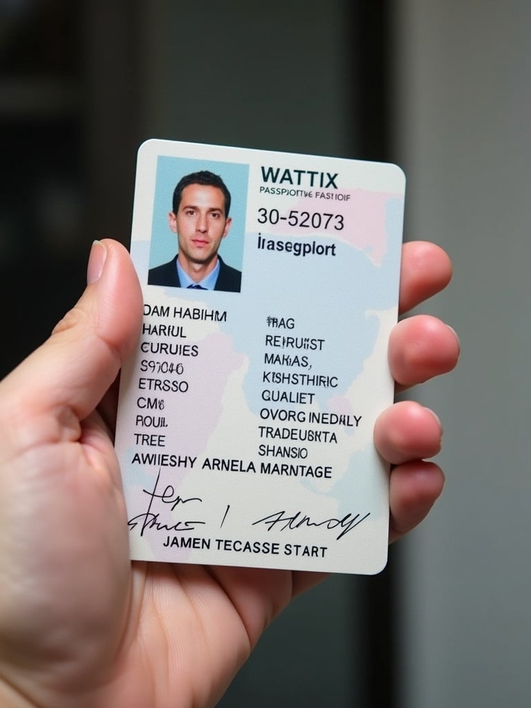 Passport ID card displayed prominently. The card is held in a hand. It shows critical personal information for identification.