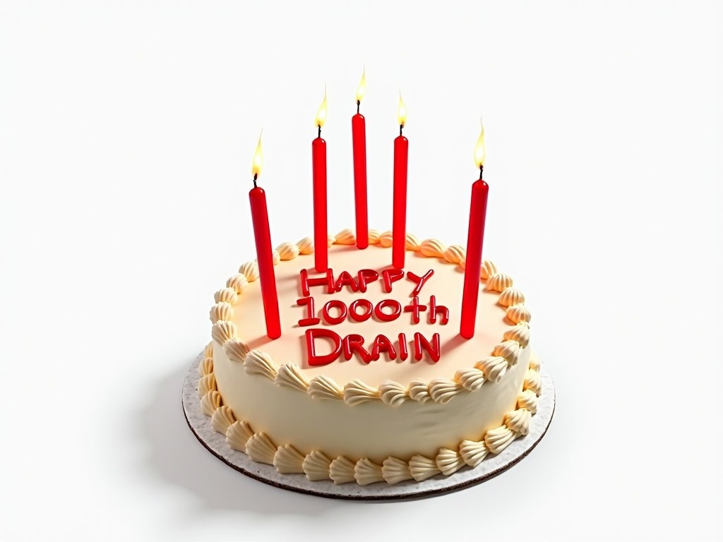 The image features a birthday cake with five red candles on top, celebrating a special 1000th milestone. The cake is elegantly designed, with cream frosting and the words 'Happy 1000th Drain' written in vibrant red icing. The background is plain white, allowing the cake's colors to stand out. Each candle burns brightly, adding to the festive atmosphere. This cake is ideal for commemorating a unique milestone in a joyful and aesthetically pleasing manner.