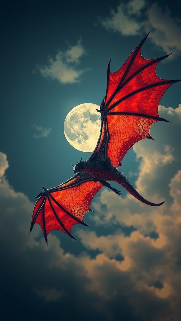 A striking image depicts a crimson dragon with its expansive wings outstretched, flying against a backdrop of a luminous full moon. The dragon's vibrant red hue contrasts with the deep blue of the night sky, adding drama and intensity to the scene. Wispy clouds accentuate the ethereal atmosphere, enhancing the fantastical element of the composition.