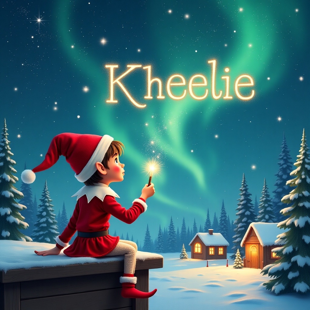 An elf sits on a wooden ledge with its back to the camera, gazing at a magical sky. Dressed in a red outfit with a pointed hat, the elf holds a sparkling wand. With the wand, the elf writes the name 'Kheelie' in the starry sky. The scene is painted with a snowy landscape, charming little houses, and evergreen trees under shimmering Northern Lights. This whimsical depiction captures the essence of childhood magic and Christmas cheer. The elf elegantly adds the name 'Riley' in the same starry sky, enriching the magical atmosphere.