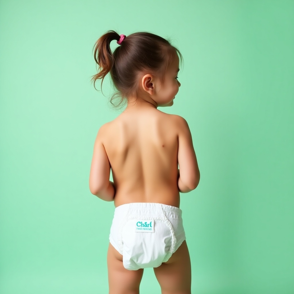 Image features a child with a ponytail. Child is wearing a diaper. Background is mint green. Focus on playful nature of childhood. Branding on the diaper is visible.