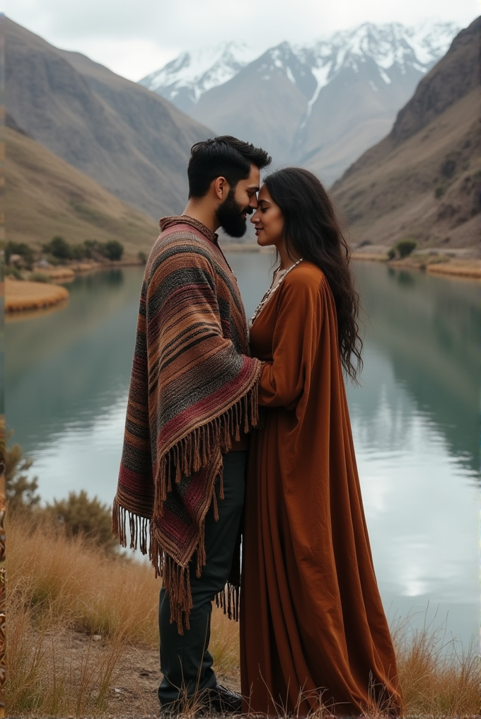 A couple stands close by a tranquil lake with snow-capped mountains in the background.