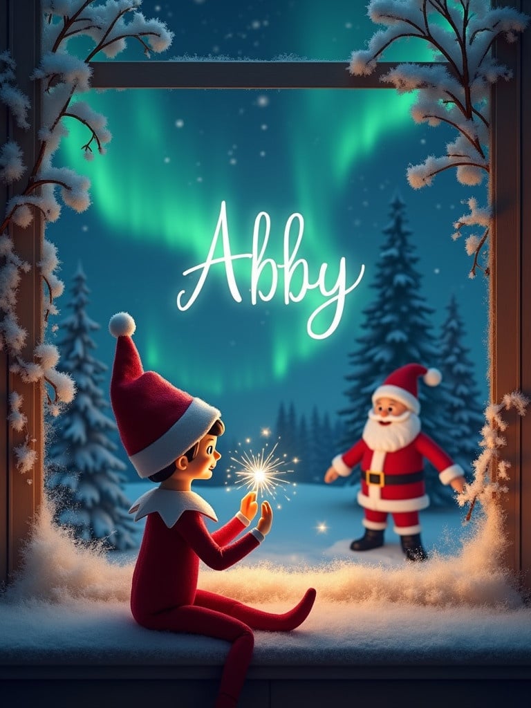 Elf on the shelf sits in front of a cozy window. The elf faces a colorful night sky with northern lights. Sparkling wand lights up the name 'Abby'. Santa Claus stands behind the elf, creating a festive feeling. Snow-covered trees surround the window, enhancing the winter atmosphere.