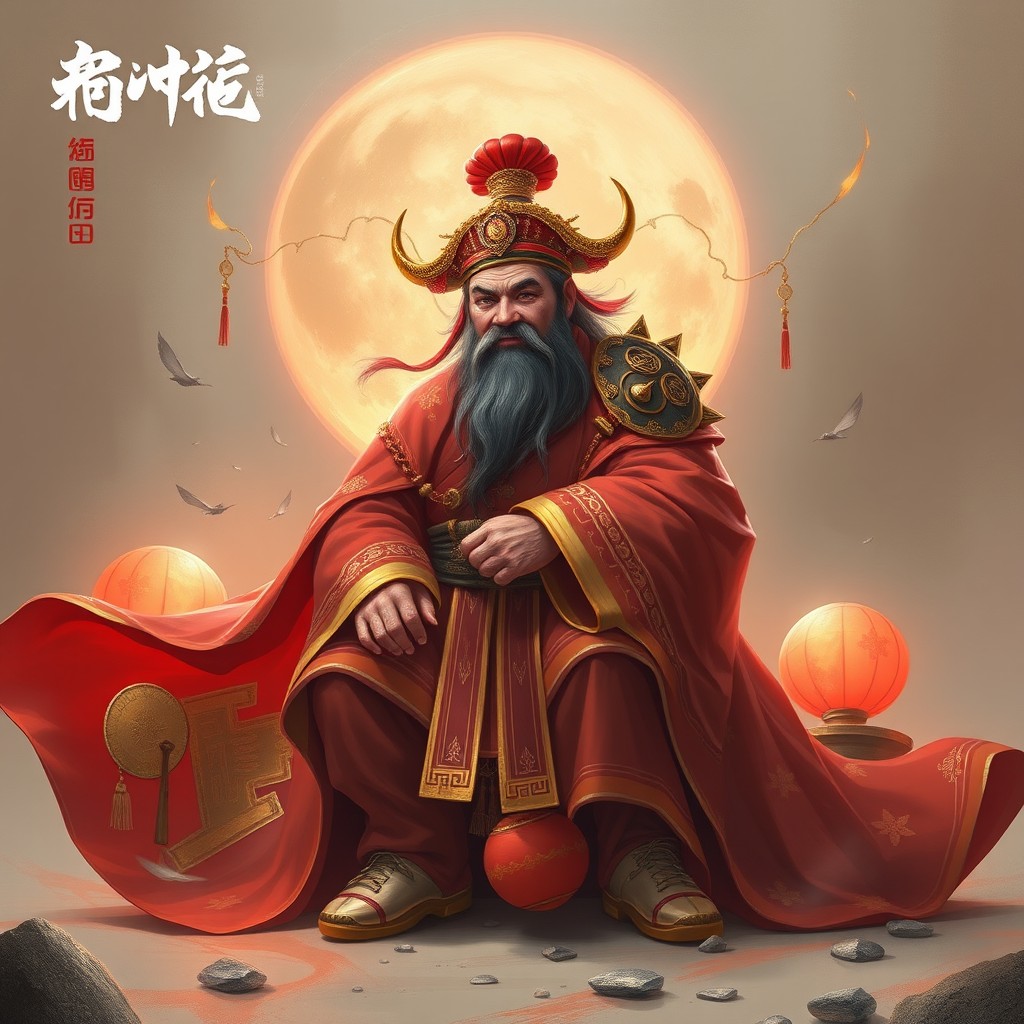 A majestic figure in elaborate red robes sits with a full moon illuminating the background.