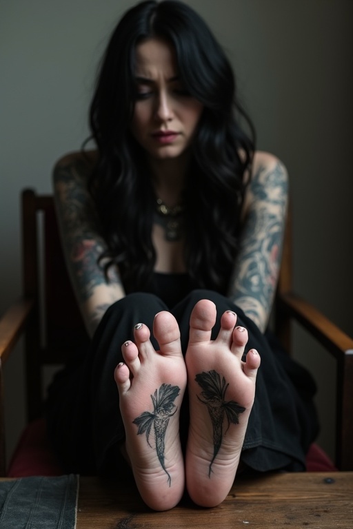 Mature goth woman shows tattoos on soles of bare feet. Sitting on a chair and putting feet on a table. She is crying.