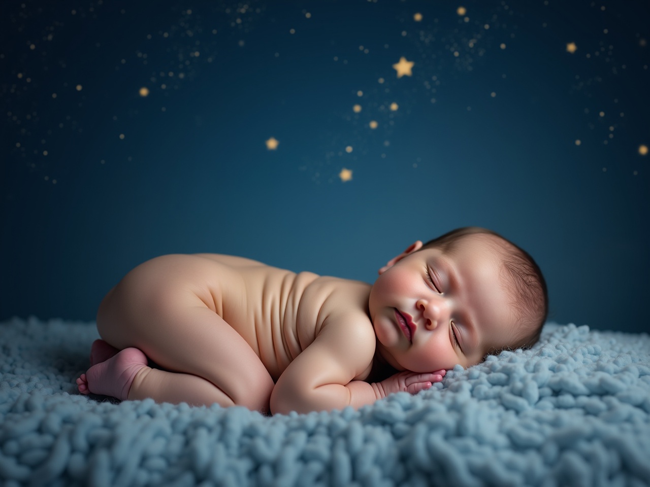 This image captures a serene scene of a sweet baby sleeping peacefully. The baby is curled up on a soft, textured blanket. The background features a starry night sky, with stars twinkling softly. This setting creates a dreamy and tranquil atmosphere. The soft blue color palette adds to the calming effect, making it ideal for capturing moments of innocence and peace.