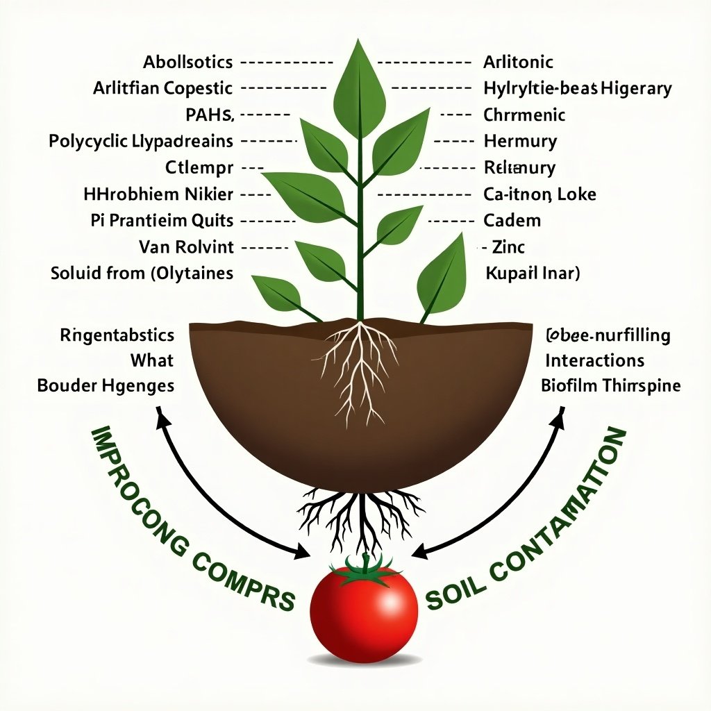 Illustration showing soil contamination. Image features a tomato plant with roots. Various contaminants labeled including antibiotics, heavy metals, and PAHs. Arrows indicate interaction mechanisms between microplastics and contaminants. Overall, it illustrates contamination effects on plant health.