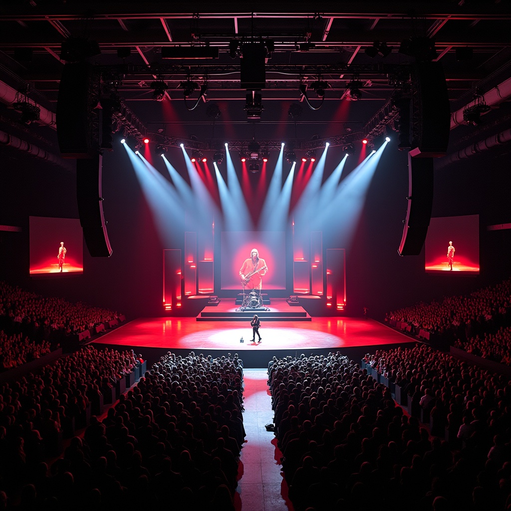 This image showcases a thrilling performance by Roddy Rich at a concert in Madison Square Garden. The stage features an innovative T-shaped runway that enhances the connection with the audience. Red and white lighting create a dramatic atmosphere, amplifying the energy of the event. A sea of fans fills the venue, eagerly watching the artist. Captured from a drone perspective, this view emphasizes the crowd's excitement and the grandeur of the concert setting.