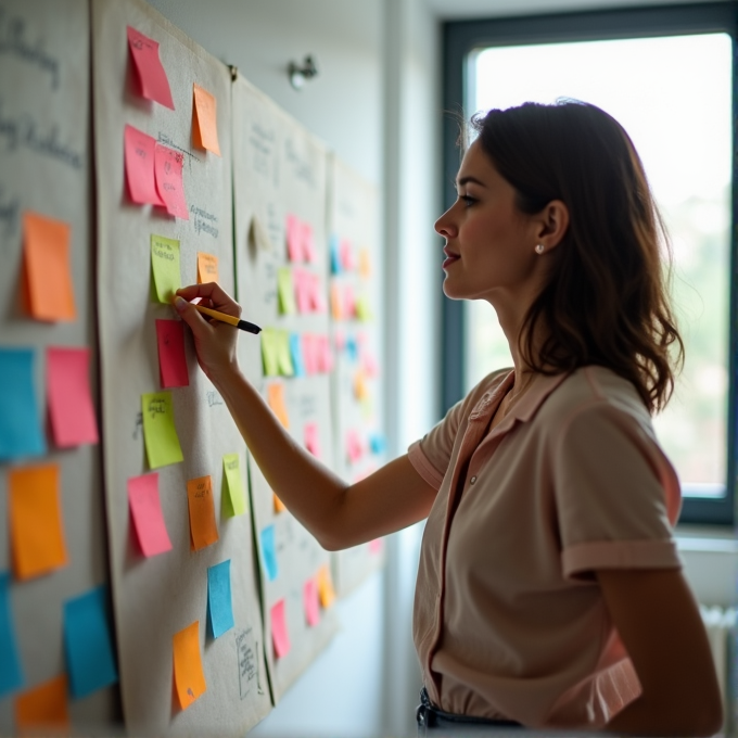 A woman writes on colorful sticky notes on a board by the window.