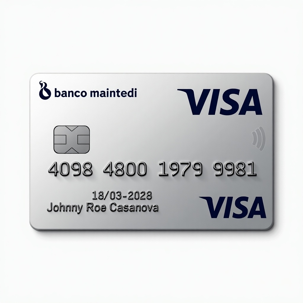 Realistic image of a credit card showcasing distinct details. Card displays Visa logo. Number 4098480019799981 is visible below logo. Cardholder name Johnny Roe Casanova aligned accurately. Expiry date 03/2029 noted at the bottom. Clean appearance with silver background and bold black font.