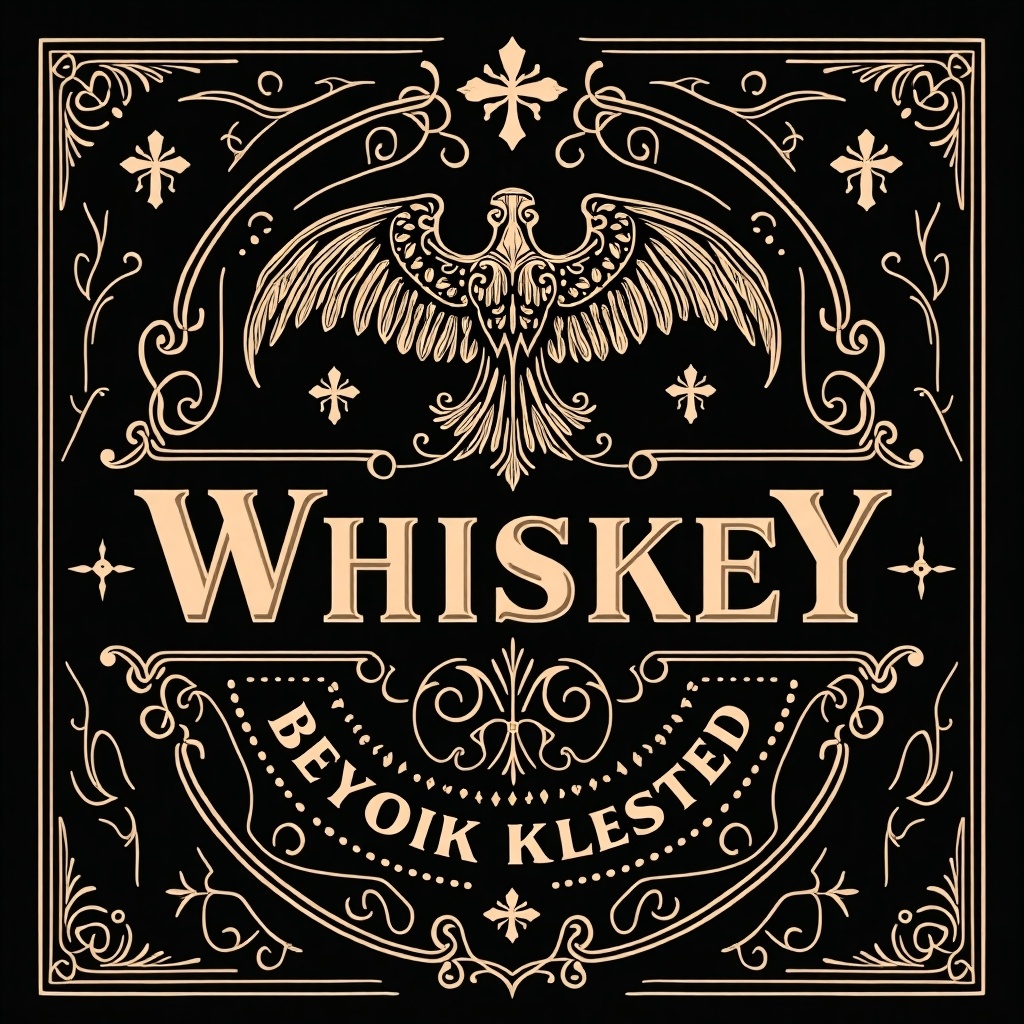 Create a whiskey label with a gothic feel. Elegant typography and intricate designs. Emphasize the word 'Whiskey'. Include an eagle motif.