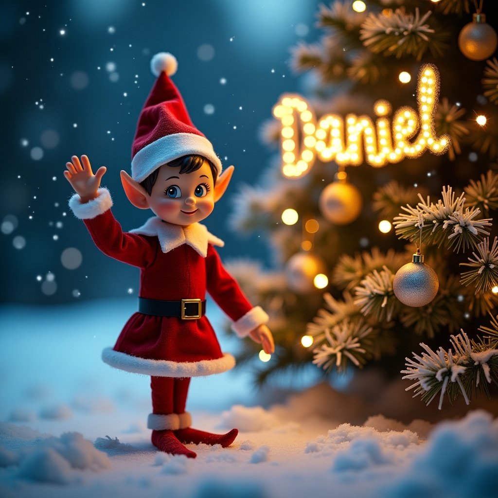 Magical Christmas elf is waving in a winter scene. Christmas tree lights create the name Daniel.