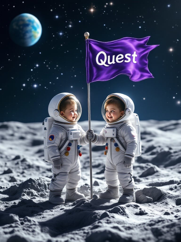 An inspiring scene on the moon with astronauts. Young boy and girl in space suits hold a purple flag. The flag says 'Quest'. They stand on a lunar landscape with craters and dust. Earth appears in the background. What's the adventure waiting for them?