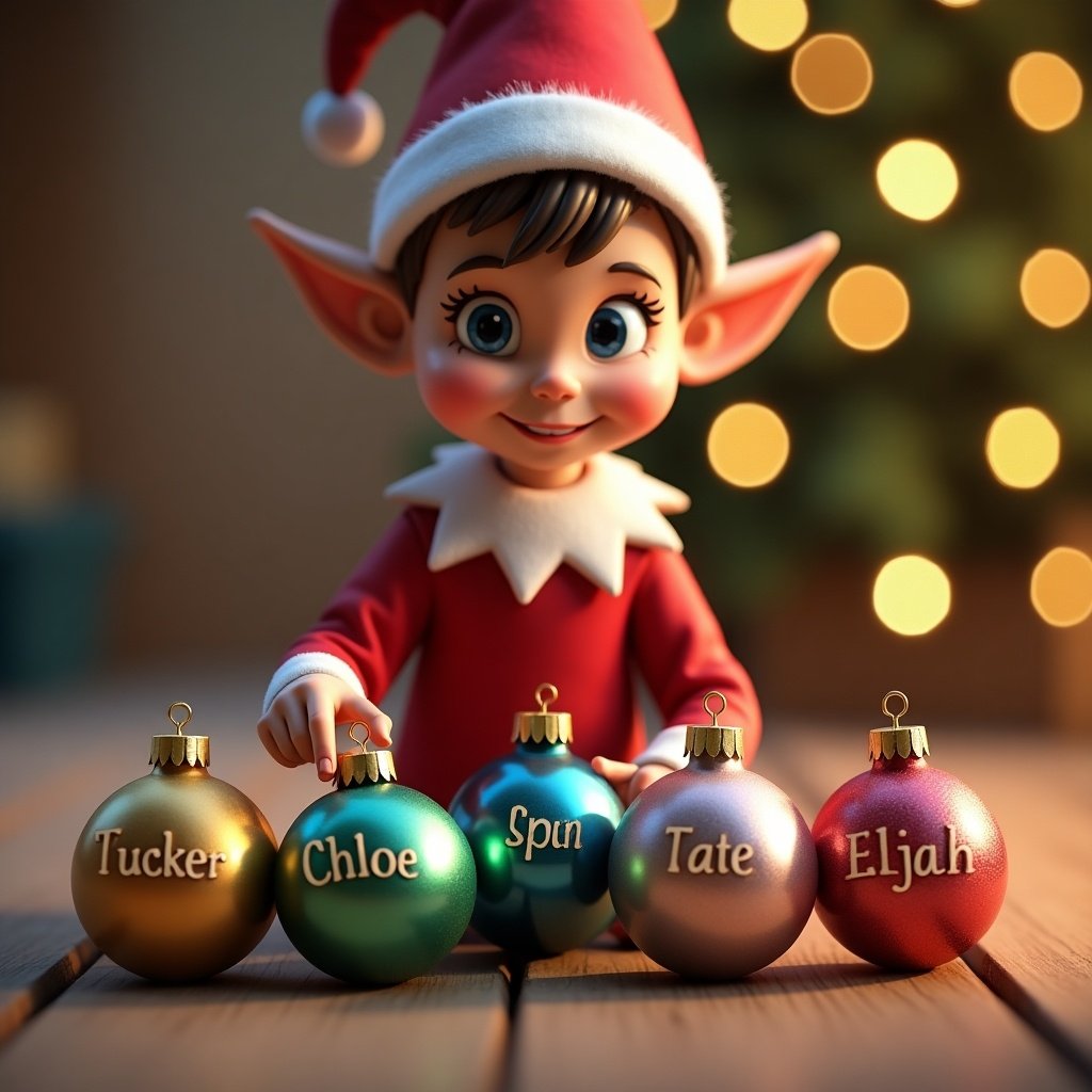 Scene features elf character arranging Christmas baubles each with a name. Background with soft twinkling lights. Elf dressed in red outfit, has expressive eyes and pointy ears. Scene embodies holiday joy and personalization.