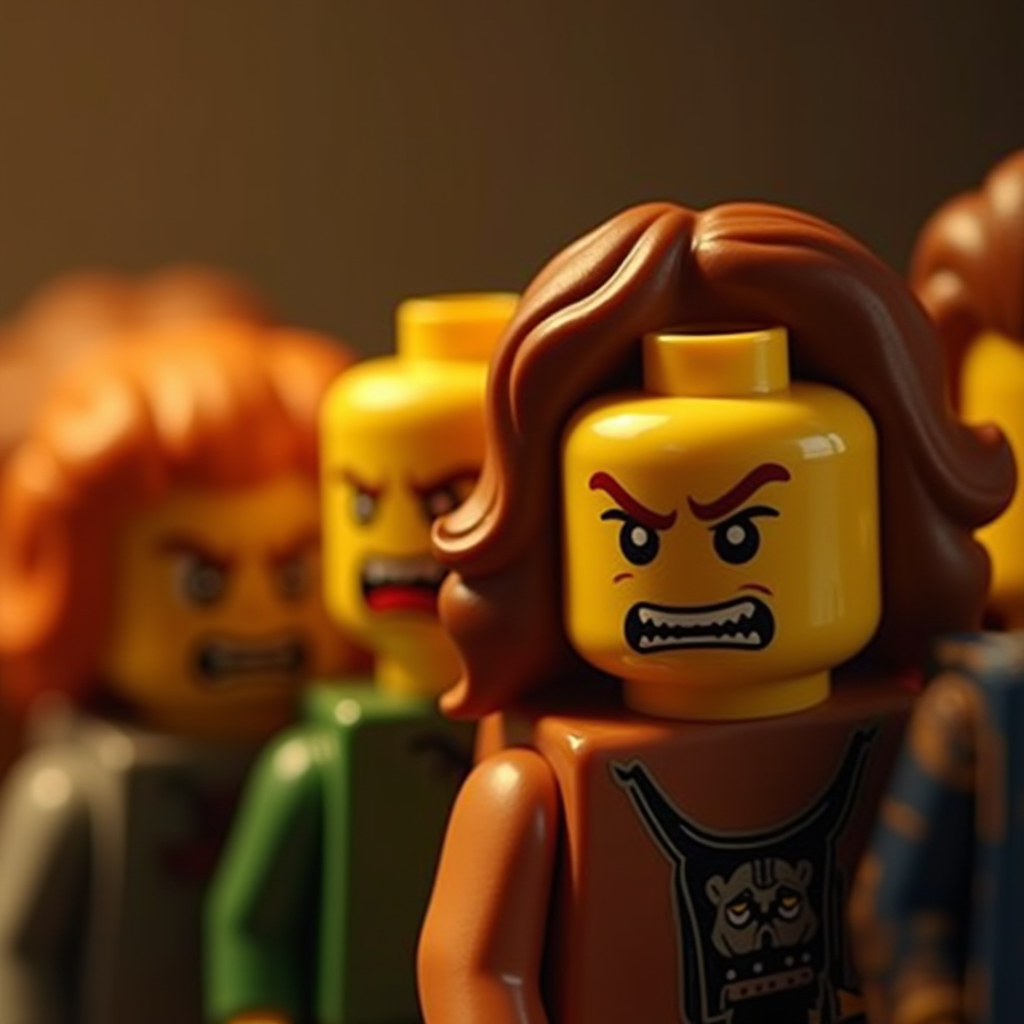 Lego figures with angry expressions gathered together.