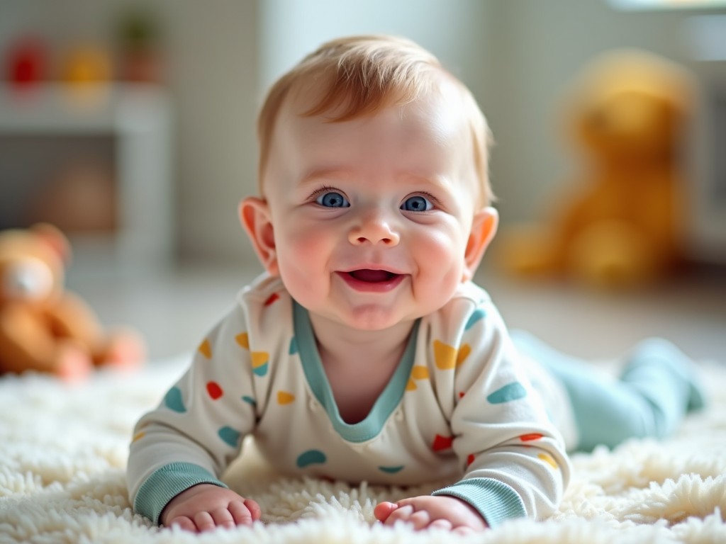 The image features a bubbly 3-month-old baby boy with bright blue eyes. He is lying on his tummy on a fluffy rug, smiling widely. The baby is dressed in a cute outfit decorated with colorful dots, lending a playful vibe. Behind him, there are soft toys and a cozy, softly lit room. The natural light adds warmth to the scene, highlighting the baby's joyful expression. Overall, it's a heartwarming and cheerful portrayal of a baby in a playful setting.