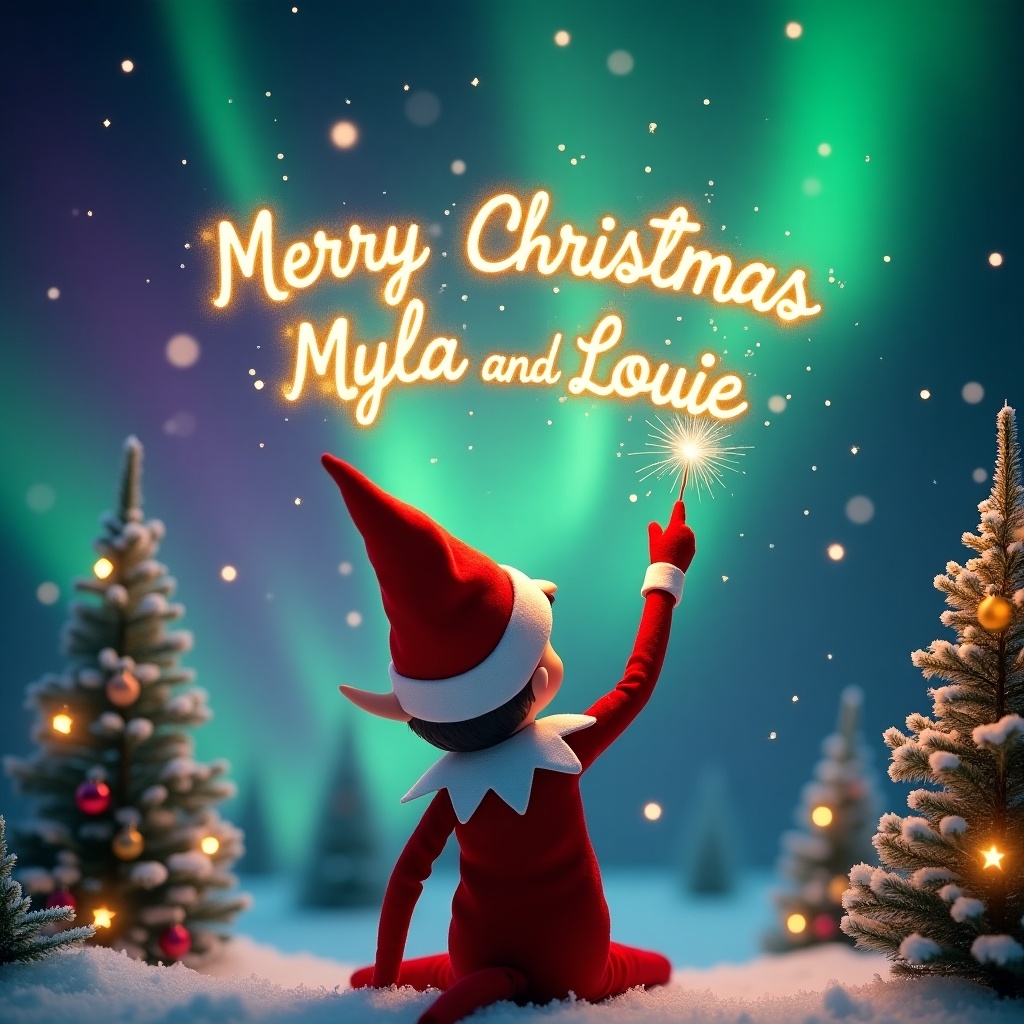 Enchanting Christmas scene with elf on shelf facing sky. Elf in red and white wielding magic wand. Writing 'Merry Christmas Myla and Louie' in sparkler script. Background with vibrant northern lights. Festive and whimsical atmosphere capturing holiday spirit.