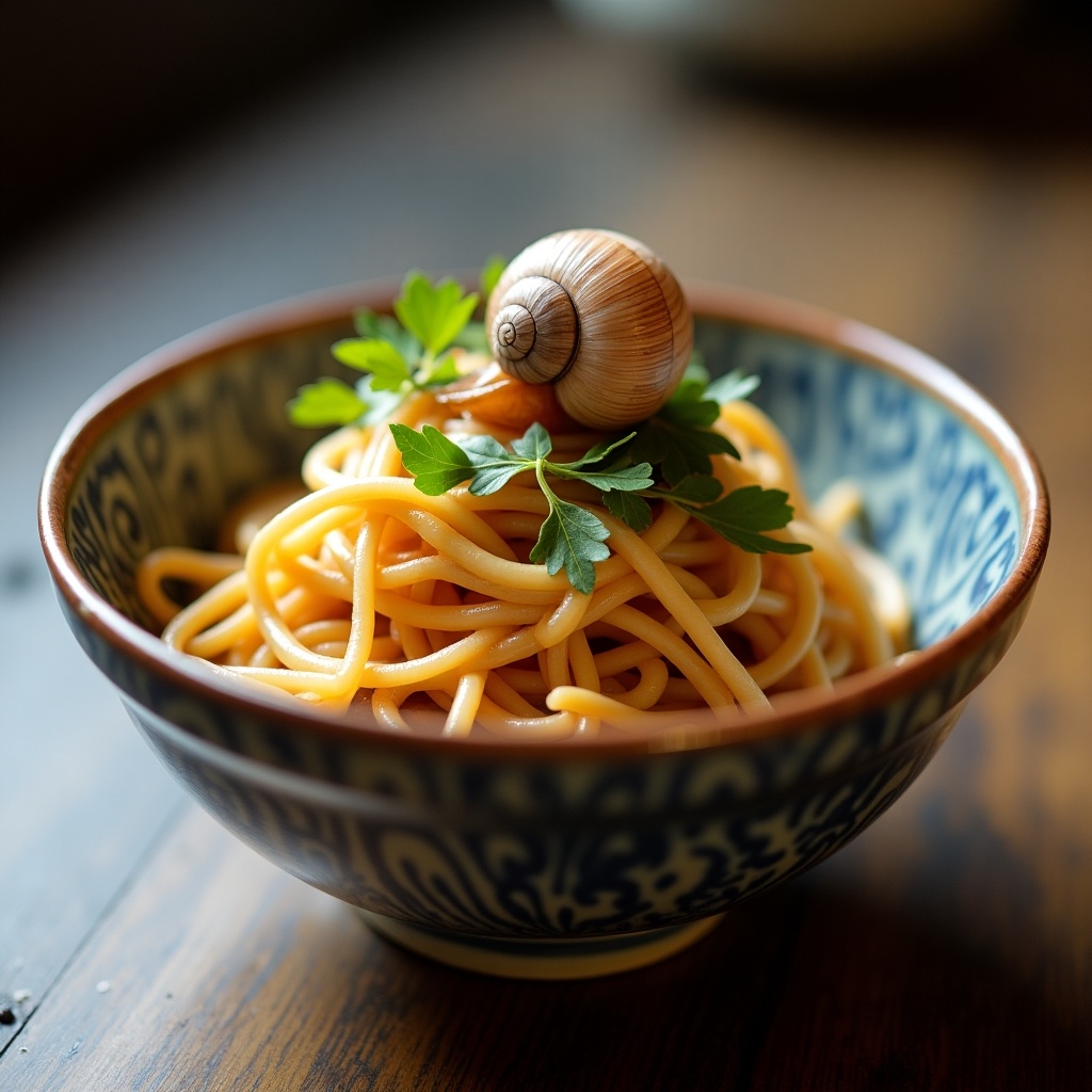 A bowl of noodles is presented in an artistic style, topped with a snail shell as a unique garnish. This dish features beautifully styled pasta, arranged thoughtfully to accentuate the ingredients. The bowl is intricately designed, adding an elegant touch to the overall presentation. Fresh greenery is included for a pop of color, enhancing the visual appeal. Soft, natural lighting highlights the delicate textures of both the noodles and the bowl, making it an inviting sight for food enthusiasts.