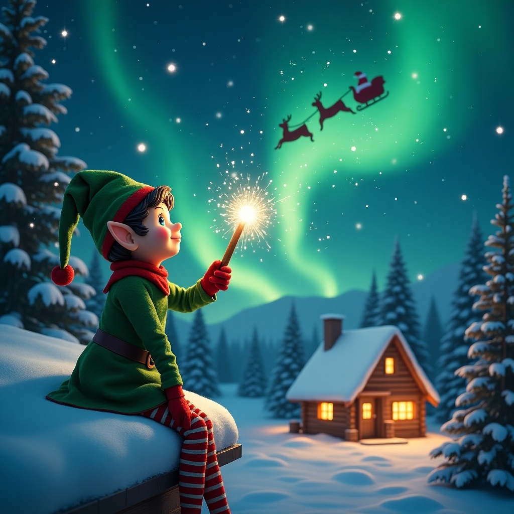 Whimsical elf on snowy ledge gazes up at stunning night sky. Sky adorned with stars and northern lights. Elf holds magic wand casting sparkling light. Cabin glows warmly in background. Santa with sleigh journeys across sky. Festive winter scene captures Christmas joy.