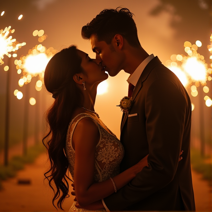 A couple kisses surrounded by glowing sparklers at dusk, creating a romantic and magical atmosphere.